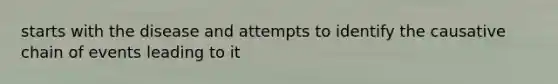 starts with the disease and attempts to identify the causative chain of events leading to it