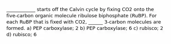 ____________ starts off the Calvin cycle by fixing CO2 onto the five-carbon organic molecule ribulose biphosphate (RuBP). For each RuBP that is fixed with CO2, ______ 3-carbon molecules are formed. a) PEP carboxylase; 2 b) PEP carboxylase; 6 c) rubisco; 2 d) rubisco; 6