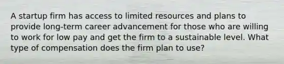 A startup firm has access to limited resources and plans to provide long-term career advancement for those who are willing to work for low pay and get the firm to a sustainable level. What type of compensation does the firm plan to use?