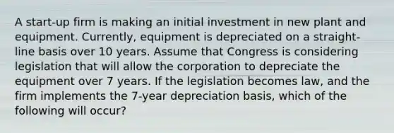 A start-up firm is making an initial investment in new plant and equipment. Currently, equipment is depreciated on a straight-line basis over 10 years. Assume that Congress is considering legislation that will allow the corporation to depreciate the equipment over 7 years. If the legislation becomes law, and the firm implements the 7-year depreciation basis, which of the following will occur?