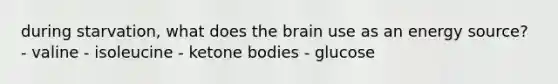 during starvation, what does the brain use as an energy source? - valine - isoleucine - ketone bodies - glucose