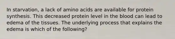 In starvation, a lack of amino acids are available for protein synthesis. This decreased protein level in the blood can lead to edema of the tissues. The underlying process that explains the edema is which of the following?