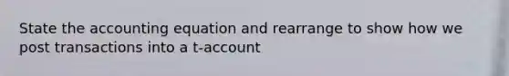 State the accounting equation and rearrange to show how we post transactions into a t-account