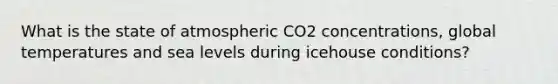 What is the state of atmospheric CO2 concentrations, global temperatures and sea levels during icehouse conditions?