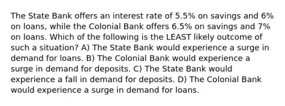 The State Bank offers an interest rate of 5.5% on savings and 6% on loans, while the Colonial Bank offers 6.5% on savings and 7% on loans. Which of the following is the LEAST likely outcome of such a situation? A) The State Bank would experience a surge in demand for loans. B) The Colonial Bank would experience a surge in demand for deposits. C) The State Bank would experience a fall in demand for deposits. D) The Colonial Bank would experience a surge in demand for loans.