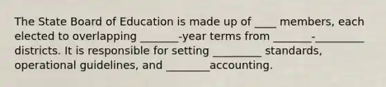 The State Board of Education is made up of ____ members, each elected to overlapping _______-year terms from _______-_________ districts. It is responsible for setting _________ standards, operational guidelines, and ________accounting.