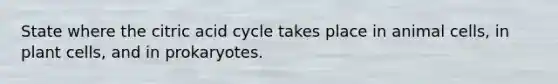 State where the citric acid cycle takes place in animal cells, in plant cells, and in prokaryotes.