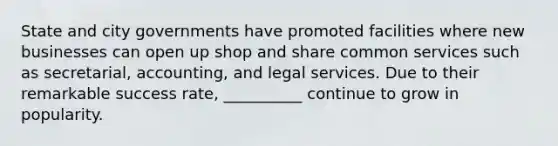 State and city governments have promoted facilities where new businesses can open up shop and share common services such as secretarial, accounting, and legal services. Due to their remarkable success rate, __________ continue to grow in popularity.