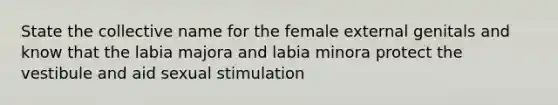 State the collective name for the female external genitals and know that the labia majora and labia minora protect the vestibule and aid sexual stimulation