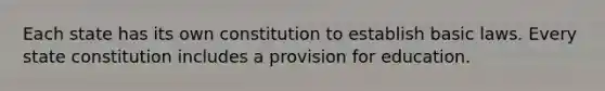 Each state has its own constitution to establish basic laws. Every state constitution includes a provision for education.