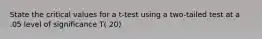 State the critical values for a t-test using a two-tailed test at a .05 level of significance T( 20)