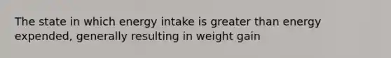 The state in which energy intake is greater than energy expended, generally resulting in weight gain