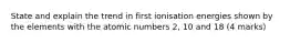 State and explain the trend in first ionisation energies shown by the elements with the atomic numbers 2, 10 and 18 (4 marks)