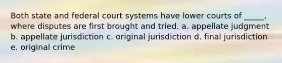 Both state and federal court systems have lower courts of _____, where disputes are first brought and tried. a. appellate judgment b. appellate jurisdiction c. original jurisdiction d. final jurisdiction e. original crime