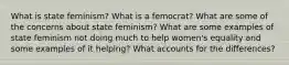 What is state feminism? What is a femocrat? What are some of the concerns about state feminism? What are some examples of state feminism not doing much to help women's equality and some examples of it helping? What accounts for the differences?