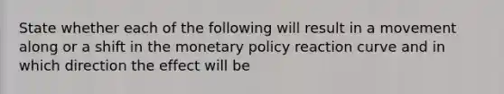 State whether each of the following will result in a movement along or a shift in the monetary policy reaction curve and in which direction the effect will be