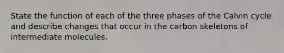 State the function of each of the three phases of the Calvin cycle and describe changes that occur in the carbon skeletons of intermediate molecules.