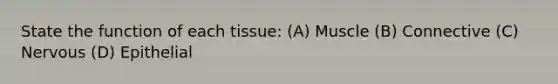 State the function of each tissue: (A) Muscle (B) Connective (C) Nervous (D) Epithelial