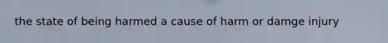 the state of being harmed a cause of harm or damge injury