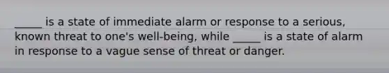 _____ is a state of immediate alarm or response to a serious, known threat to one's well-being, while _____ is a state of alarm in response to a vague sense of threat or danger.