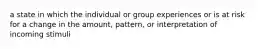 a state in which the individual or group experiences or is at risk for a change in the amount, pattern, or interpretation of incoming stimuli