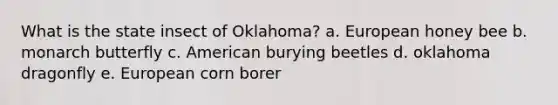 What is the state insect of Oklahoma? a. European honey bee b. monarch butterfly c. American burying beetles d. oklahoma dragonfly e. European corn borer