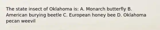 The state insect of Oklahoma is: A. Monarch butterfly B. American burying beetle C. European honey bee D. Oklahoma pecan weevil