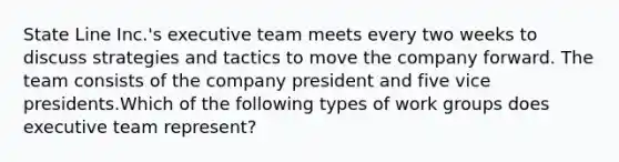 State Line Inc.'s executive team meets every two weeks to discuss strategies and tactics to move the company forward. The team consists of the company president and five vice presidents.Which of the following types of work groups does executive team represent?