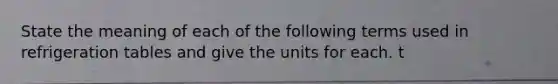 State the meaning of each of the following terms used in refrigeration tables and give the units for each. t