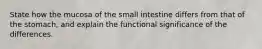 State how the mucosa of the small intestine differs from that of the stomach, and explain the functional significance of the differences.