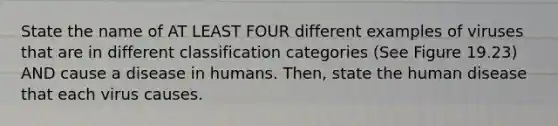 State the name of AT LEAST FOUR different examples of viruses that are in different classification categories (See Figure 19.23) AND cause a disease in humans. Then, state the human disease that each virus causes.