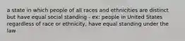 a state in which people of all races and ethnicities are distinct but have equal social standing - ex: people in United States regardless of race or ethnicity, have equal standing under the law