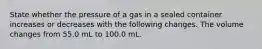 State whether the pressure of a gas in a sealed container increases or decreases with the following changes. The volume changes from 55.0 mL to 100.0 mL.