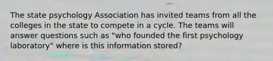 The state psychology Association has invited teams from all the colleges in the state to compete in a cycle. The teams will answer questions such as "who founded the first psychology laboratory" where is this information stored?