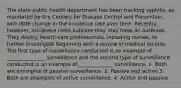 The state public health department has been tracking syphilis, as mandated by the Centers for Disease Control and Prevention, with little change in the incidence rate over time. Recently, however, incidence rates indicate they may have an outbreak. They deploy health-care professionals, including nurses, to further investigate beginning with a review of medical records. The first type of surveillance conducted is an example of _______________ surveillance and the second type of surveillance conducted is an example of______________ surveillance. 1. Both are examples of passive surveillance. 2. Passive and active 3. Both are examples of active surveillance. 4. Active and passive