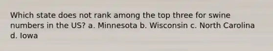 Which state does not rank among the top three for swine numbers in the US? a. Minnesota b. Wisconsin c. North Carolina d. Iowa