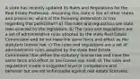 A state has recently updated its Rules and Regulations for the Real Estate Profession. Assuming this state is like all other states and provinces, which of the following statements is true regarding this publication? a) The rules and regulations are state laws enacted by the legislature. b) The rules and regulations are a set of administrative rules adopted by the state Real Estate Commission and do not have the same force and effect as the statutory license law. c) The rules and regulations are a set of administrative rules adopted by the state Real Estate Commission that define the statutory license law and have the same force and effect as the license law itself. d) The rules and regulations create a suggested level of competence and behavior but are not enforceable against real estate licensees.