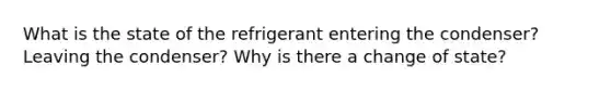 What is the state of the refrigerant entering the condenser? Leaving the condenser? Why is there a change of state?