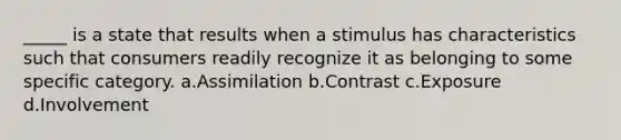 _____ is a state that results when a stimulus has characteristics such that consumers readily recognize it as belonging to some specific category. a.Assimilation b.Contrast c.Exposure d.Involvement