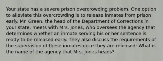 Your state has a severe prison overcrowding problem. One option to alleviate this overcrowding is to release inmates from prison early. Mr. Green, the head of the Department of Corrections in your state, meets with Mrs. Jones, who oversees the agency that determines whether an inmate serving his or her sentence is ready to be released early. They also discuss the requirements of the supervision of these inmates once they are released: What is the name of the agency that Mrs. Jones heads?