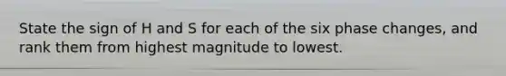 State the sign of H and S for each of the six phase changes, and rank them from highest magnitude to lowest.