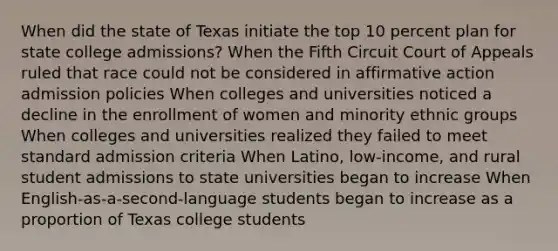 When did the state of Texas initiate the top 10 percent plan for state college admissions? When the Fifth Circuit Court of Appeals ruled that race could not be considered in affirmative action admission policies When colleges and universities noticed a decline in the enrollment of women and minority ethnic groups When colleges and universities realized they failed to meet standard admission criteria When Latino, low-income, and rural student admissions to state universities began to increase When English-as-a-second-language students began to increase as a proportion of Texas college students