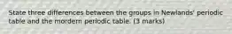 State three differences between the groups in Newlands' periodic table and the mordern periodic table. (3 marks)