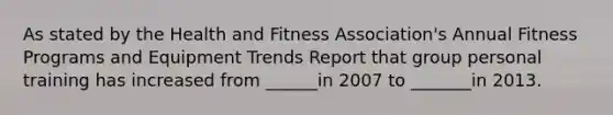 As stated by the Health and Fitness Association's Annual Fitness Programs and Equipment Trends Report that group personal training has increased from ______in 2007 to _______in 2013.