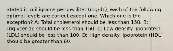 Stated in milligrams per deciliter (mg/dL), each of the following optimal levels are correct except one. Which one is the exception? A: Total cholesterol should be less than 150. B: Triglyceride should be less than 150. C: Low density lipoprotein (LDL) should be less than 100. D: High density lipoprotein (HDL) should be greater than 60.