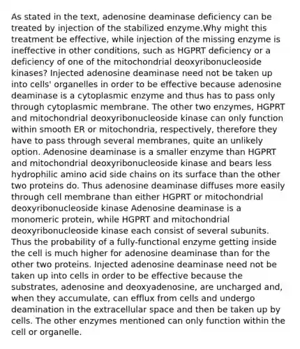 As stated in the text, adenosine deaminase deficiency can be treated by injection of the stabilized enzyme.Why might this treatment be effective, while injection of the missing enzyme is ineffective in other conditions, such as HGPRT deficiency or a deficiency of one of the mitochondrial deoxyribonucleoside kinases? Injected adenosine deaminase need not be taken up into cells' organelles in order to be effective because adenosine deaminase is a cytoplasmic enzyme and thus has to pass only through cytoplasmic membrane. The other two enzymes, HGPRT and mitochondrial deoxyribonucleoside kinase can only function within smooth ER or mitochondria, respectively, therefore they have to pass through several membranes, quite an unlikely option. Adenosine deaminase is a smaller enzyme than HGPRT and mitochondrial deoxyribonucleoside kinase and bears less hydrophilic amino acid side chains on its surface than the other two proteins do. Thus adenosine deaminase diffuses more easily through cell membrane than either HGPRT or mitochondrial deoxyribonucleoside kinase Adenosine deaminase is a monomeric protein, while HGPRT and mitochondrial deoxyribonucleoside kinase each consist of several subunits. Thus the probability of a fully-functional enzyme getting inside the cell is much higher for adenosine deaminase than for the other two proteins. Injected adenosine deaminase need not be taken up into cells in order to be effective because the substrates, adenosine and deoxyadenosine, are uncharged and, when they accumulate, can efflux from cells and undergo deamination in the extracellular space and then be taken up by cells. The other enzymes mentioned can only function within the cell or organelle.