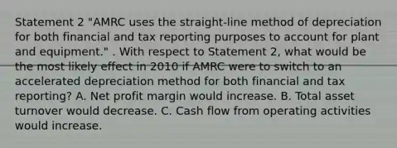 Statement 2 "AMRC uses the straight-line method of depreciation for both financial and tax reporting purposes to account for plant and equipment." . With respect to Statement 2, what would be the most likely effect in 2010 if AMRC were to switch to an accelerated depreciation method for both financial and tax reporting? A. Net profit margin would increase. B. Total asset turnover would decrease. C. Cash flow from operating activities would increase.