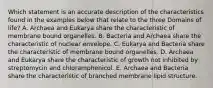 Which statement is an accurate description of the characteristics found in the examples below that relate to the three Domains of life? A. Archaea and Eukarya share the characteristic of membrane bound organelles. B. Bacteria and Archaea share the characteristic of nuclear envelope. C. Eukarya and Bacteria share the characteristic of membrane bound organelles. D. Archaea and Eukarya share the characteristic of growth not inhibited by streptomycin and chloramphenicol. E. Archaea and Bacteria share the characteristic of branched membrane lipid structure.