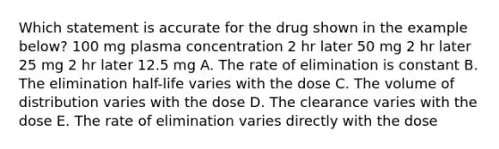 Which statement is accurate for the drug shown in the example below? 100 mg plasma concentration 2 hr later 50 mg 2 hr later 25 mg 2 hr later 12.5 mg A. The rate of elimination is constant B. The elimination half-life varies with the dose C. The volume of distribution varies with the dose D. The clearance varies with the dose E. The rate of elimination varies directly with the dose