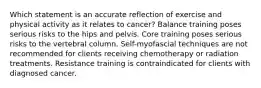 Which statement is an accurate reflection of exercise and physical activity as it relates to cancer? Balance training poses serious risks to the hips and pelvis. Core training poses serious risks to the vertebral column. Self-myofascial techniques are not recommended for clients receiving chemotherapy or radiation treatments. Resistance training is contraindicated for clients with diagnosed cancer.